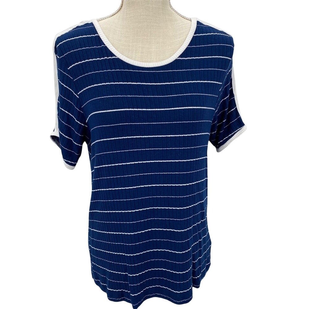 Anthropologie Navy and White Striped Short Sleeve Tee